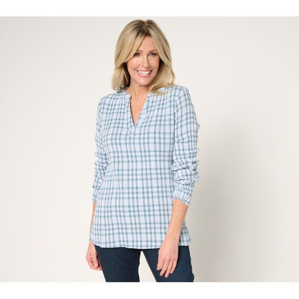 Belle by Kim Gravel Women's Top Plus Sz 1X Pucker Perfect Plaid 100% Blue